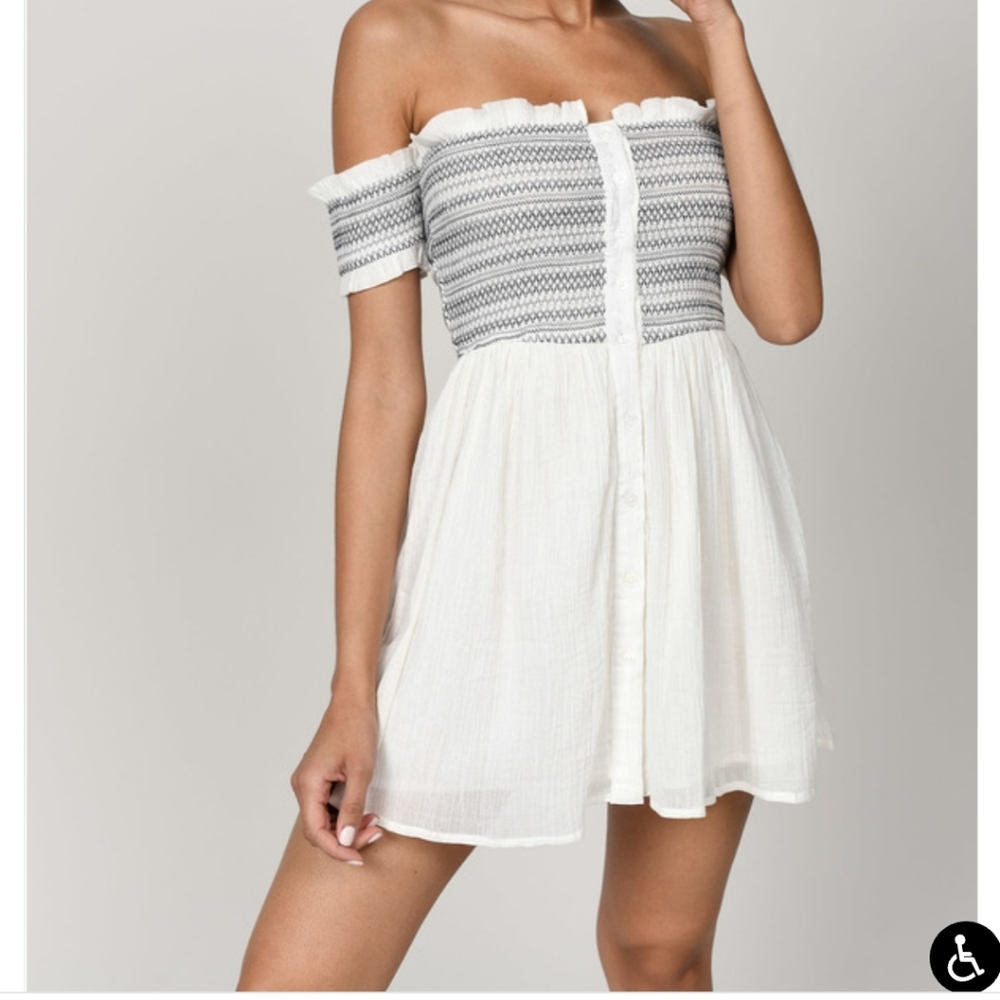 KARA NAVY & GREY OFF SHOULDER SKATER DRESS